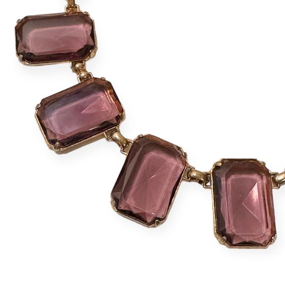 Vintage Art Deco Gold Tone Amethyst Glass Necklace - Picture 4 of 8